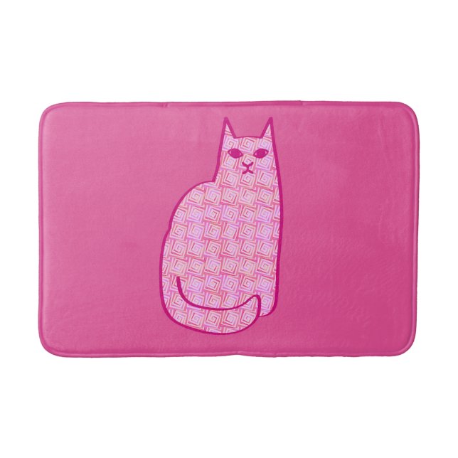 Mid-Century Modern Cat, Fuchsia and Light Pink  Bath Mat (Front)