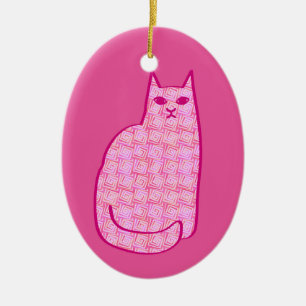 Mid-Century Modern Cat, Fuchsia and Light Pink  Ceramic Tree Decoration