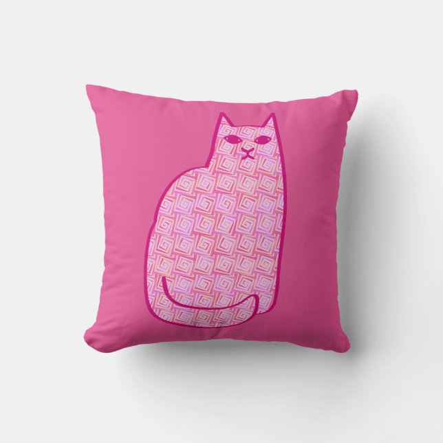 Mid-Century Modern Cat, Fuchsia and Light Pink Cushion (Front)