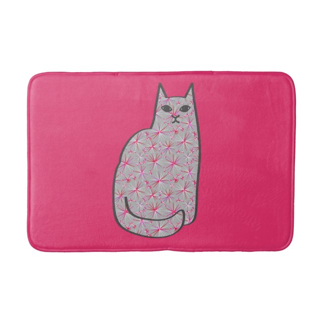 Mid-Century Modern Cat, Grey and Fuchsia Pink  Bath Mat (Front)