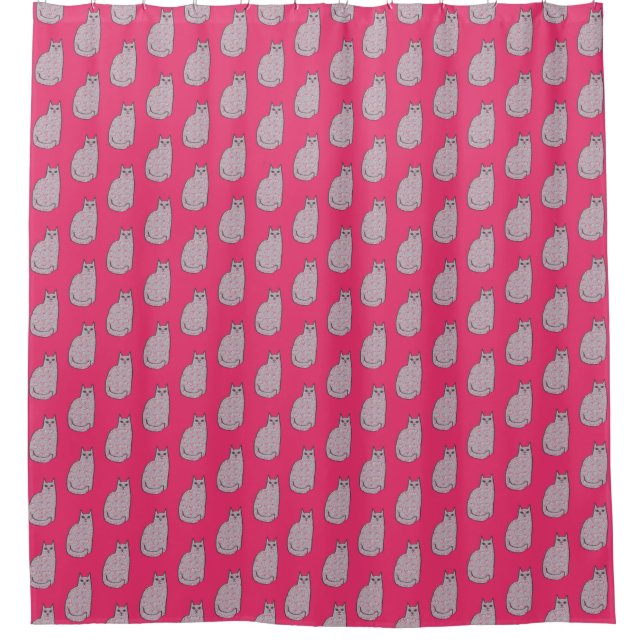 Mid-Century Modern Cat, Grey and Fuchsia Pink  Shower Curtain (Front)