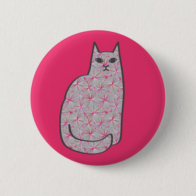 Mid-Century Modern Cat, Grey / Grey and Pink 6 Cm Round Badge (Front)