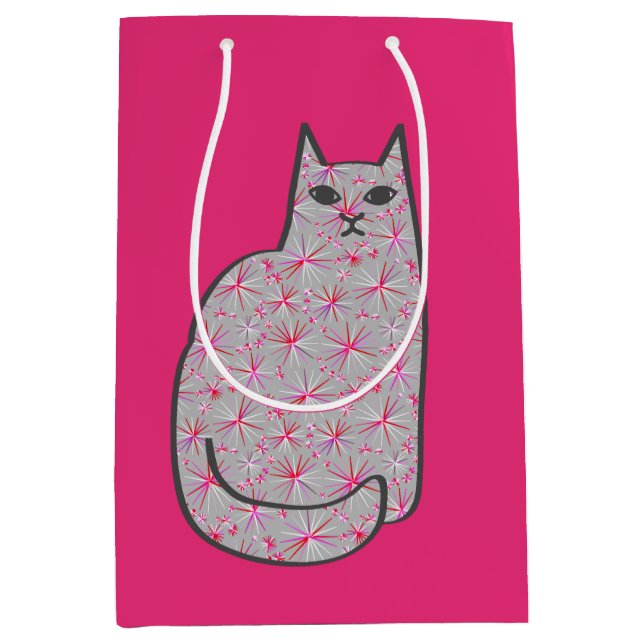 Mid-Century Modern Cat, Grey / Grey and Pink Medium Gift Bag (Front)