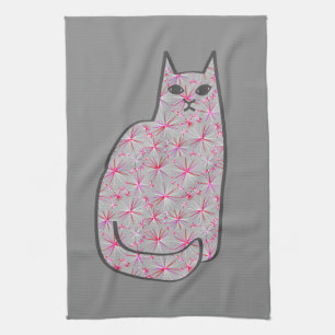 Mid-Century Modern Cat, Grey / Grey and Pink Tea Towel