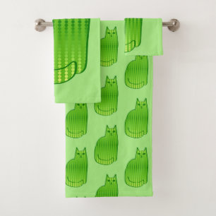 Mid-Century Modern Cat, Lime and Emerald Green   Bath Towel Set