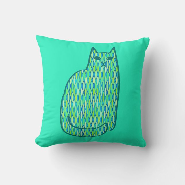 Mid-Century Modern Cat, Mint and Lime Green Cushion (Front)