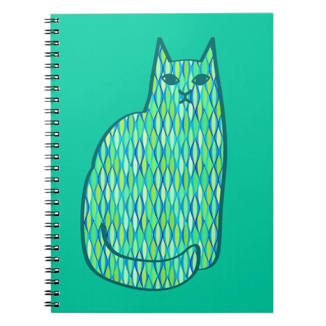 Mid-Century Modern Cat, Mint and Lime Green Notebook (Front)