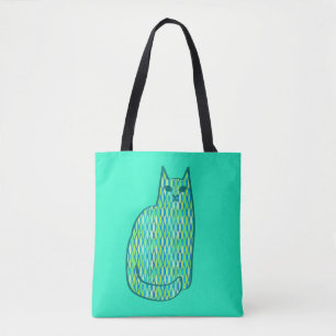 Mid-Century Modern Cat, Mint and Lime Green Tote Bag