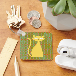 Mid Century Modern Cat on Geometric Pattern Key Ring