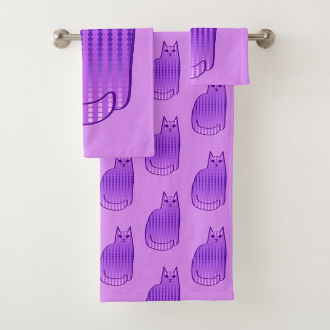 Mid-Century Modern Cat, Orchid and Purple Bath Towel Set (Insitu)