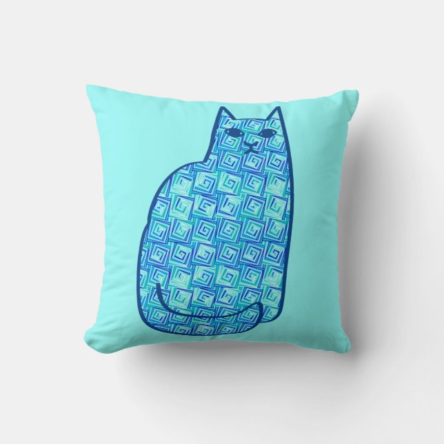 Mid-Century Modern Cat, Turquoise and Navy Cushion (Front)
