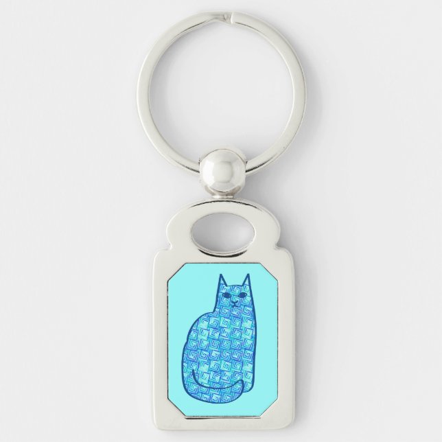 Mid-Century Modern Cat, Turquoise and Navy Key Ring (Front)