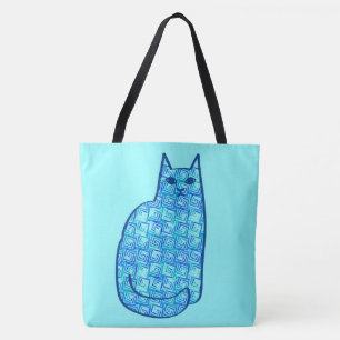 Mid-Century Modern Cat, Turquoise and Navy Tote Bag