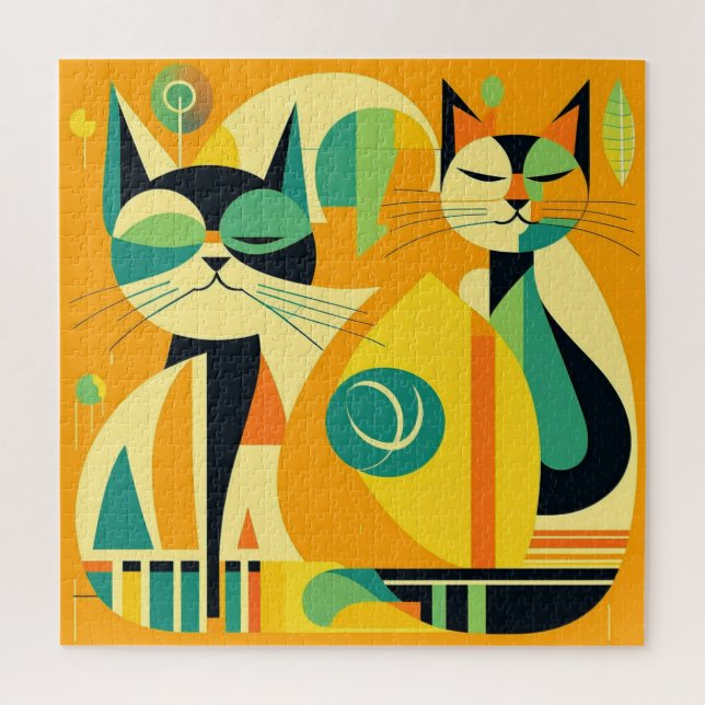 Mid-Century Modern Cats Art: Abstract Shapes Jigsaw Puzzle (Vertical)