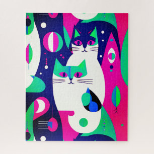 Mid-Century Modern Cats on a Dark Blue Background Jigsaw Puzzle