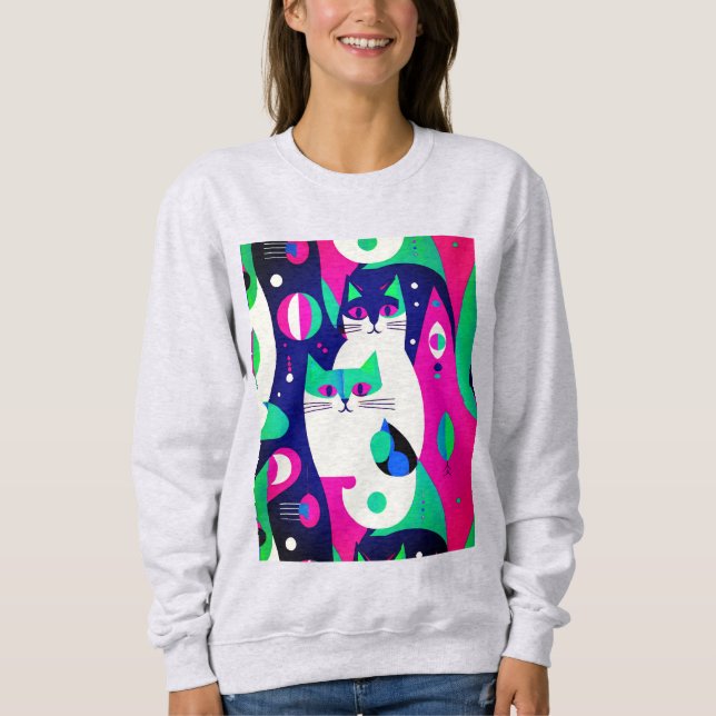 Mid-Century Modern Cats on a Dark Blue Background Sweatshirt (Front)