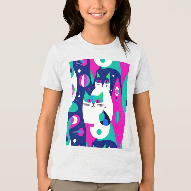  Mid-Century Modern Cats on a Dark Blue Background Tri-Blend Shirt (Front)