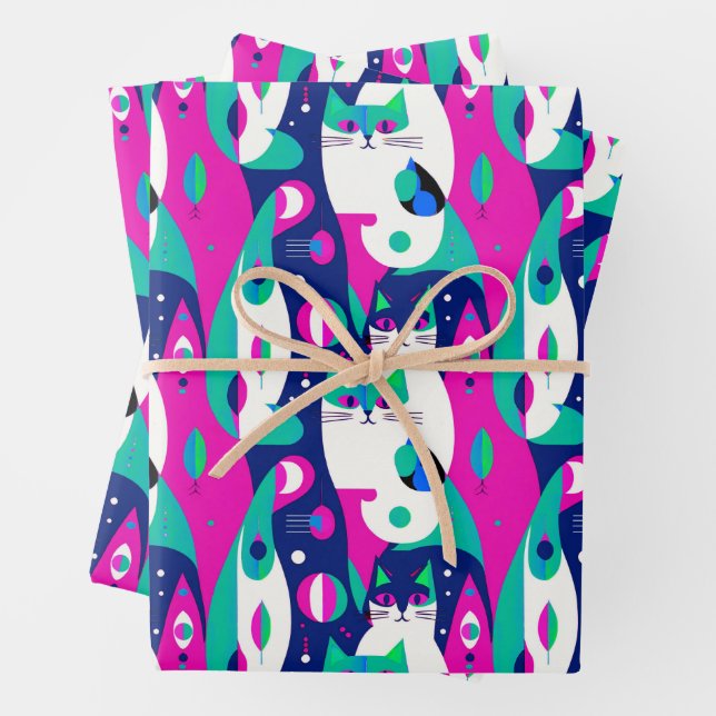  Mid-Century Modern Cats on a Dark Blue Background Wrapping Paper Sheet (In situ)