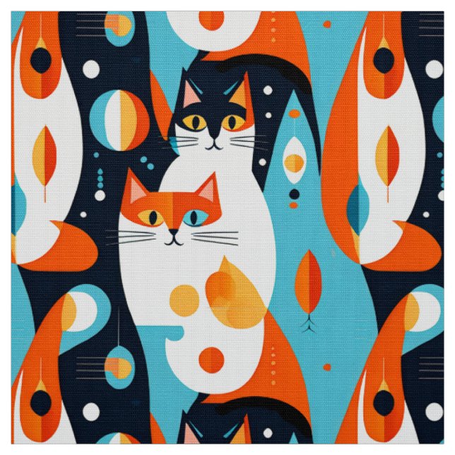 Mid-Century Modern Cats on an Abstract Background Fabric (Swatch)