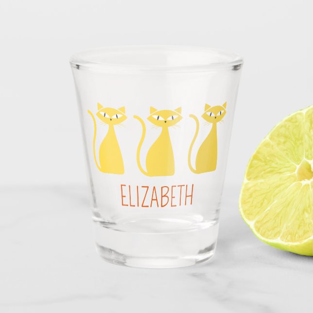 Mid Century Modern Cats Personalised Shot Glass (Front)