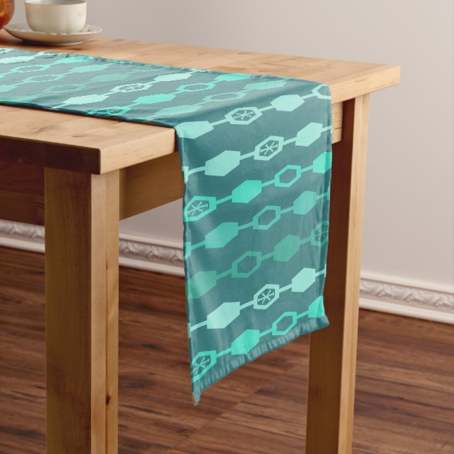 Mid Century Modern Chains Teal Short Table Runner (In Situ)