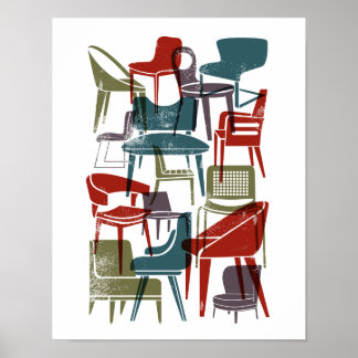 Mid-Century Modern Chairs in Muted Retro Colours Poster
