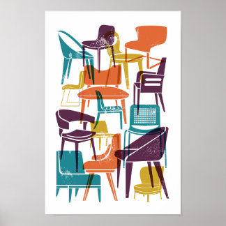 Mid-Century Modern Chairs in Retro Bright Colours Poster