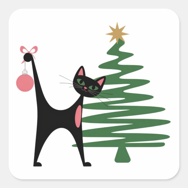 Mid-century Modern Christmas 1950's Atomic Cat Square Sticker (Front)