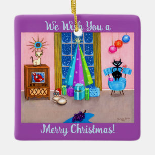 Mid-Century Modern Christmas Atomic Age Cats TV  Ceramic Ornament