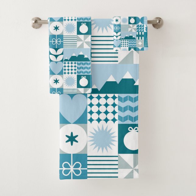 Mid Century Modern Christmas Geometric Pattern Bath Towel Set (Insitu)