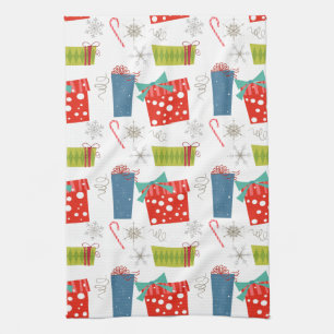 Mid Century Modern Christmas Present & Candy Cane  Tea Towel