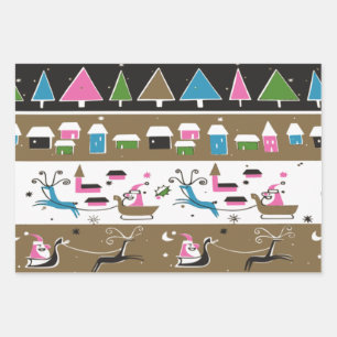 Mid Century Modern Christmas Scene Wrapping Paper Sheet