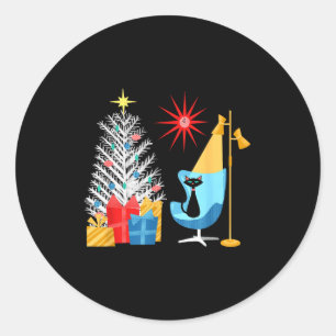 Mid-century Modern Christmas Tree And Cat In Retro Classic Round Sticker