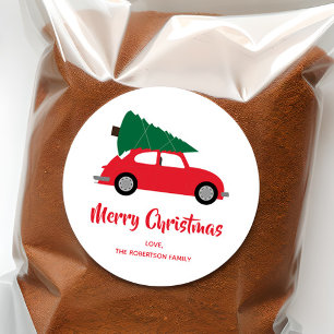 Mid Century Modern Christmas Tree & Red Car Classic Round Sticker