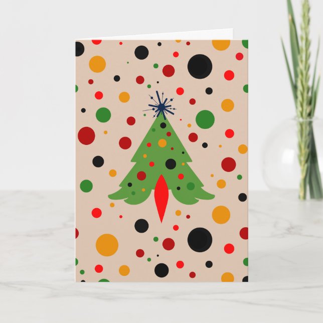 Mid Century Modern Christmas Tree Retro Rocket Holiday Card (Front)