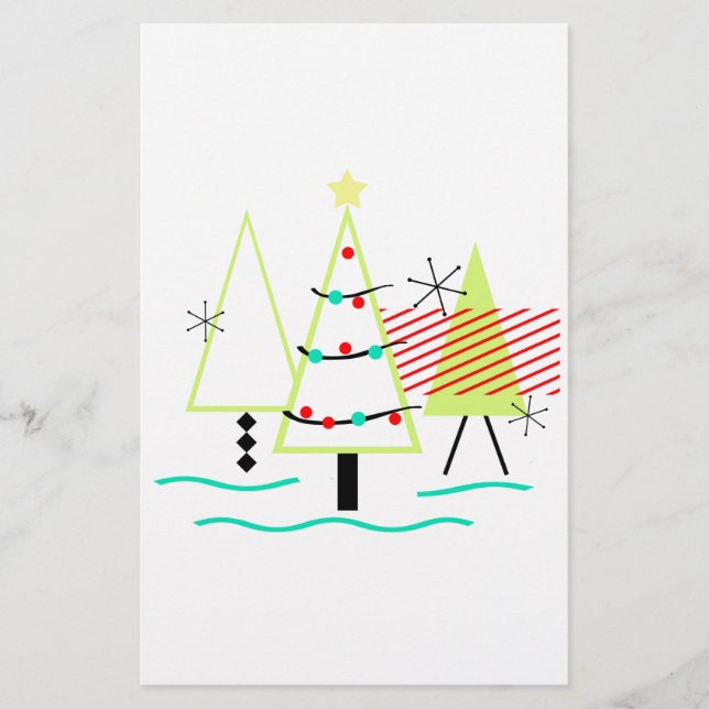 mid century modern christmas trees retro stationery (Front)