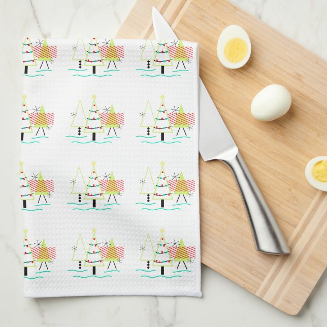 mid century modern christmas trees retro tea towel (Quarter Fold)