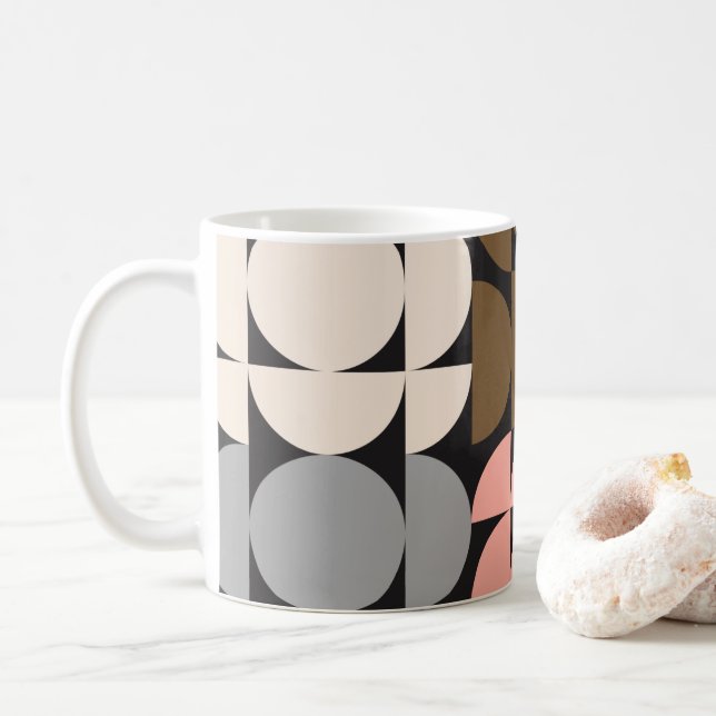Mid-Century Modern Circles and Semicircles Neutral Coffee Mug (With Donut)