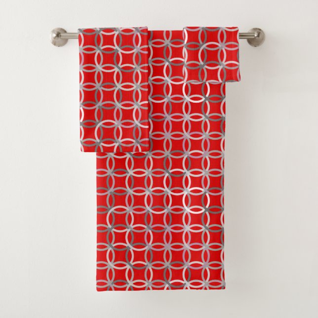 Mid-Century Modern Circles, Deep Red and Grey Bath Towel Set (Insitu)