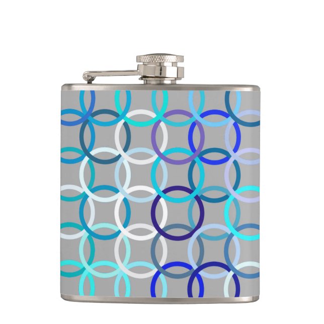Mid-Century Modern circles, grey, blue and white Hip Flask (Front)