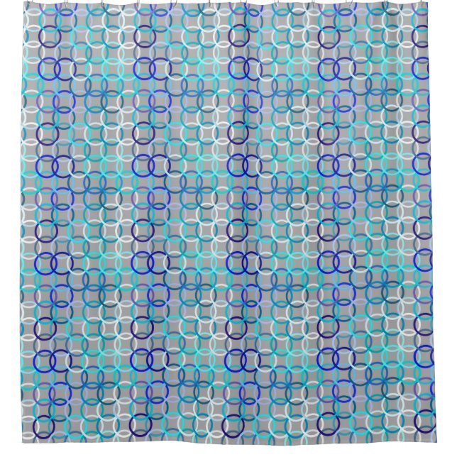 Mid-Century Modern circles, grey, blue and white Shower Curtain (Front)