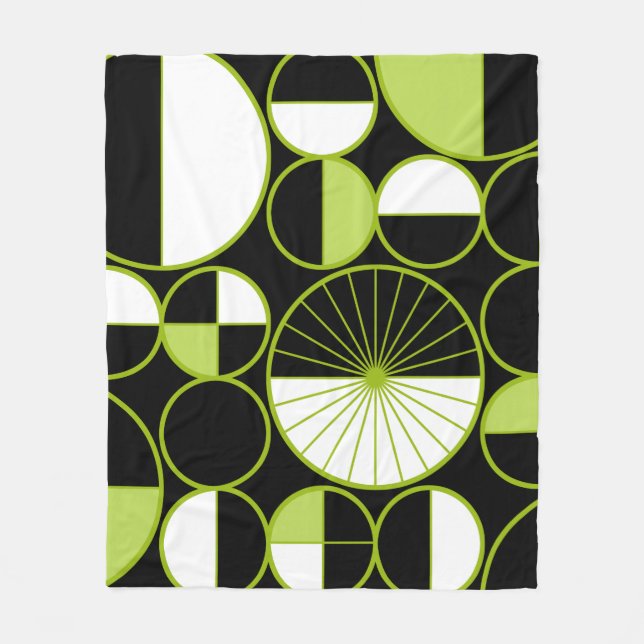 Mid Century Modern Circles Halves Black Chartreuse Fleece Blanket (Front)