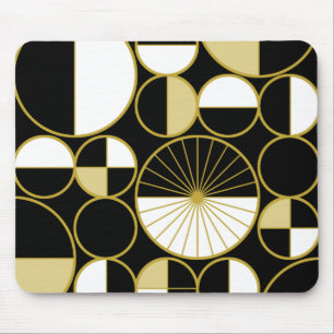 Mid Century Modern Circles Halves Black Gold Mouse Pad