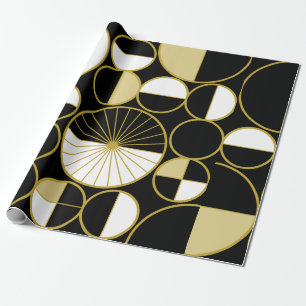 Mid Century Modern Circles Halves Black Gold Wrapping Paper