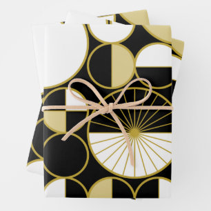 Mid Century Modern Circles Halves Black Gold Wrapping Paper Sheet