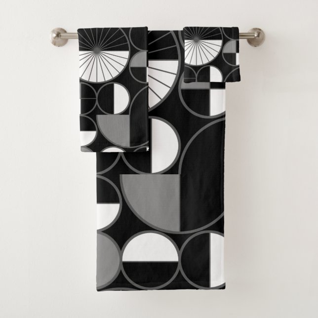 Mid Century Modern Circles Halves Black Grey Bath Towel Set (Insitu)
