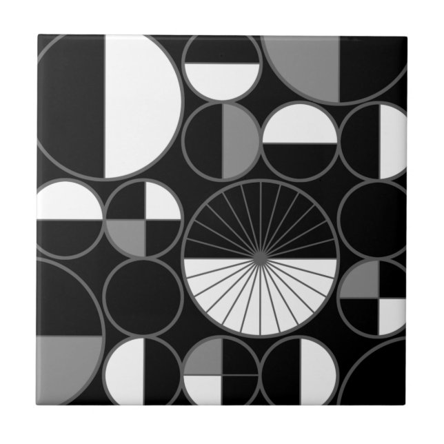 Mid Century Modern Circles Halves Black Grey Tile (Front)