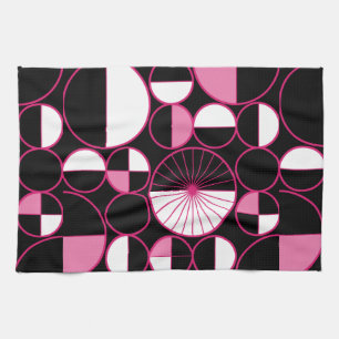 Mid Century Modern Circles Halves Black Pink Tea Towel