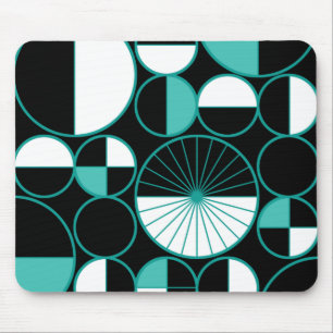 Mid Century Modern Circles Halves Black Turquoise Mouse Pad