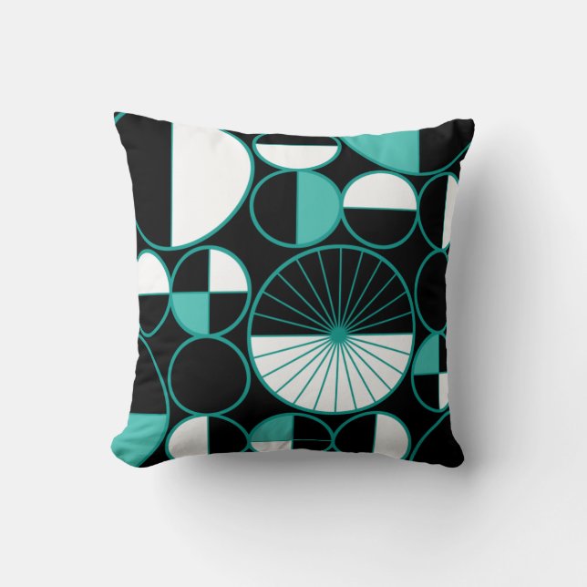 Mid Century Modern Circles Halves Turquoise Cushion (Front)